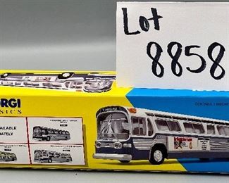 Lot 8858. $48.00.  NIB Corgi Classics San Diego Transit Fishbowl Bus 1:50, #54501, GM 5301 Exc. Cond. Box has tape mark; bus never opened from protective covering!  Sold on line for $114.00+ c.1996