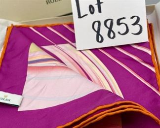 Lot 8853. $145.00. Rolex Oversized Silk Scarf 35" square, Pink color family, with box and tissue