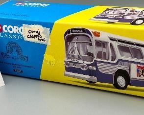 Lot 8858. $48.00.  NIB Corgi Classics San Diego Transit Fishbowl Bus 1:50, #54501, GM 5301 Exc. Cond. Box has tape mark; bus never opened from protective covering!  Sold on line for $114.00+ c.1996