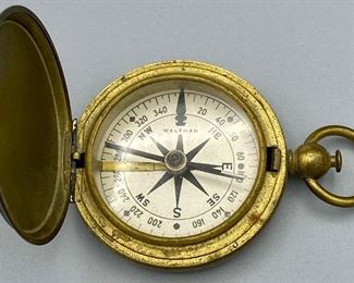 Lot 8847  $75.00 Waltham U.S. Army WWII Pocket Compass in Brass. Very Unique, looks like a pocket watch.  In Plastic case for display.