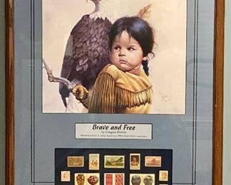 Lot 8808. $195.00  "Brave snd Free" by Greg Perillo presentation, depicting Native American Girl with a Bald Eagle.  Featuring every U.S. stamp issued since 1930 to honor Native Americans. 32" T x 21 1/2" W. Gregory Perillo is a renowned American painter and sculptor, with a diverse portfolio of artwork from western, landscapes, wildlife, children, sports figures and ecclesiastical genres. He is particularly known for his depictions of Native Americans and early settlers.

"I'm a painter and I feel what I paint," he said. "I record history through the tip of my paint brush."         