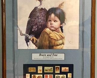 Lot 8808. $195.00  "Brave snd Free" by Greg Perillo presentation, depicting Native American Girl with a Bald Eagle.  Featuring every U.S. stamp issued since 1930 to honor Native Americans. 32" T x 21 1/2" W. Gregory Perillo is a renowned American painter and sculptor, with a diverse portfolio of artwork from western, landscapes, wildlife, children, sports figures and ecclesiastical genres. He is particularly known for his depictions of Native Americans and early settlers.

"I'm a painter and I feel what I paint," he said. "I record history through the tip of my paint brush."         