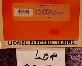 Lot 8867. $250.00  Lionel O-Gauge 6-18224 Milwaukee Road SD-40 Diesel Engine.  Includes Diesel Horn, Magnetraction, LionTech Electronic E-Unit, Illuminated Cab and More.  Original Box, Tested
