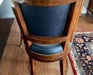 Lot 8781. $450.00  New Pictures of Pair of Gorgeous Wood and Navy Blue Leather Counter Height Bar Stools with Nailhead in Excellent Condition. Measurements: 44" T to Back of Bar Stool, Seat 26" to Seat, 18" D x 18" W