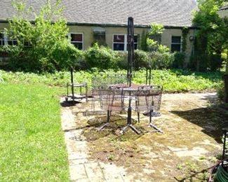 wrought iron patio table - 2 chairs & bench, umbrella stand (no shade. Also metal cart.