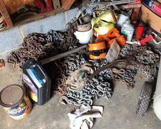 Lots of tow chains w/hooks, Chain Fall and trolley
