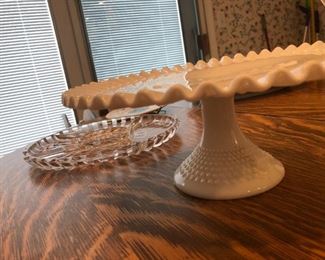 Hobnail Crest Cake Plate and Oak Dining Table