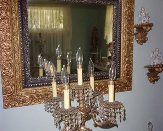 Gold mirror $50                                                                               Parlor lamp with 5 arm candelabra and prisms  $125