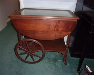 Tea cart, wagon wheel, dual drop leaf, with glass tray  $125
