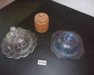 Embossed Depression glass butter dish, wooden butter mold (may be modern)