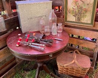 Vintage kit now utensils and vintage milk holder and bottles