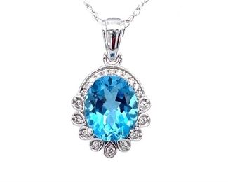 USD1260 Appraised 3 Carat Blue Topaz and pt11 TCW Diamond 14K Halo Pendant Necklace