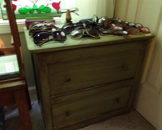 small 2 drawer piece, stained glass in window