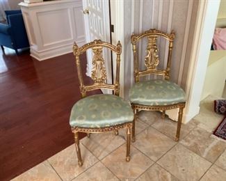 Harp chair Louis the XVI style satin fabric green with gold wood