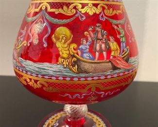 Salviati/Moser Crystal Goblet with Enameled Venetian Vignette