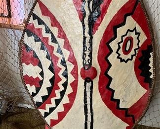 Vintage Native Masai African painted hide Sheild & Metal Throwing Spears, purchase in 1959
