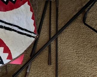 Vintage Native Masai African painted hide Sheild & Metal Throwing Spears, purchase in 1959