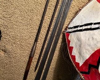 Vintage Native Masai African painted hide Sheild & Metal Throwing Spears, purchase in 1959