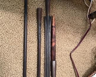 Vintage Native Masai African painted hide Sheild & Metal Throwing Spears, purchase in 1959