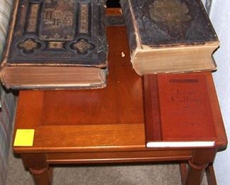 One of Two Mersman end tables, 1800's Family Bible, 1897 Wood County Historical book (front cover has separated)