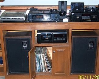 Stereo outfit (sold together) includes Sony CD and cassette players, Realistic turntable, Onkyo tuner/ amp, Zenith Allegro speakers and Sony headphones