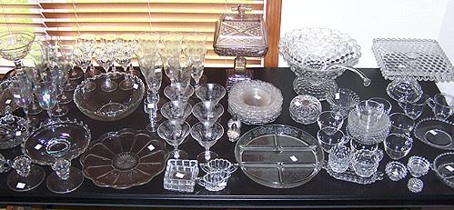 Glassware including  Fostoria American, Cambridge Rose Point, candlewick, etc...