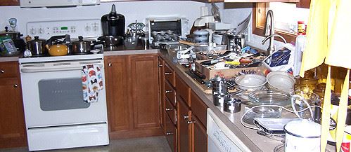 Kitchen items including Revere Ware cookware, Keurig coffee maker, small appliances, etc...