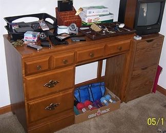Small desk, file cabinet, weights and desk items