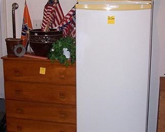 Danby refrigerator, pine dresser, planters, flags