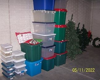 Storage totes, artificial trees