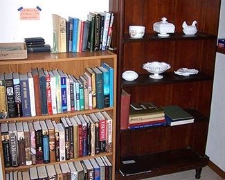Antique wood book shelf (heavy duty), Westmoreland milk glass, books, yearbooks, etc...