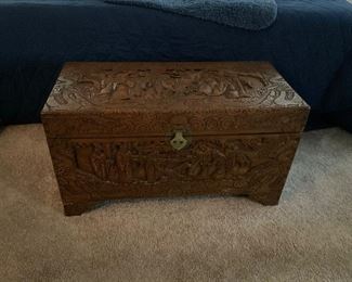 Hsiang-Fu Teakwood carved chest.  Vintage late 1960s