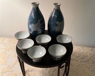 Vintage blue peony sake set