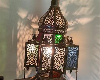Moroccan stained glass pierced brass lantern. 