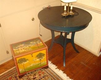 Lane  round stand and hand decorated chest.
