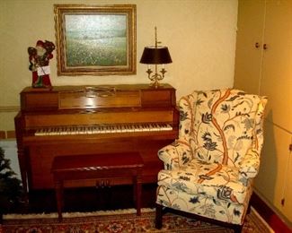 Hobart M. Cable upright piano and bench. Custom upholstered wing back chair, oil painting on canvas, lamp