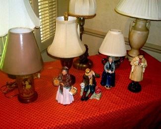 Table lamps and Royal Doulton figurines.