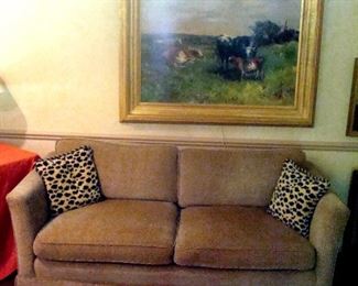 Custom upholstered love seat and original oil painting on canvas by Allen.
