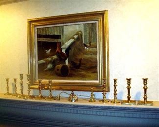Brass candlesticks by Baldwin and original oil painting by Oliver Siegal.