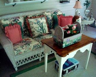 Lexington Wicker sofa, Chippendale style stand, and etc.