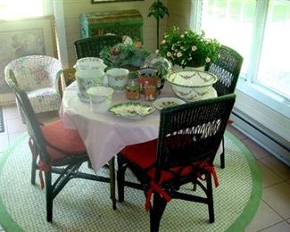 Vintage wicker rush seat chairs and collectible china and porcelain items.