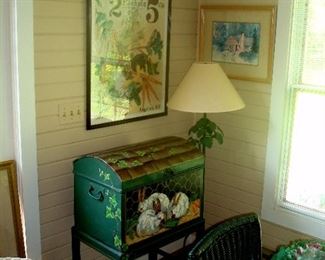 Hand decorated Rose lane chest on stand, seed poster, prints, and floor lamp.