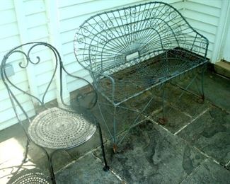 Antique wire chair and bench.