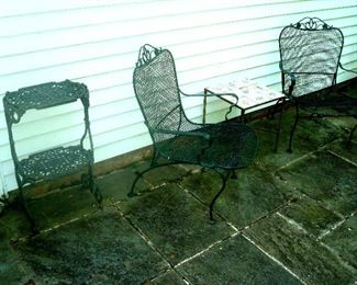 Wrought iron chairs & cast iron stand.
