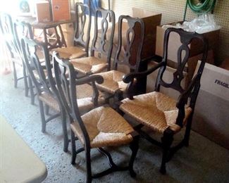 set of eight mahogany, rush seat dining room chairs