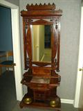 Victorian hall tree with mirror, marble & brass
