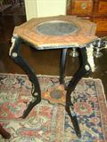 Exquisite French or Italian plant stand, ebonized with Intarsia wood inlay with a marble top center