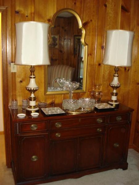 Duncan Phyfe buffet, mint & original condition. Pair of cast iron Stiffle porcelain lamps. early 1900s cut glass.