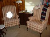 Pair of peppermint striped, Queen Anne wingback chairs, very clean.