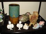 Far East Majolica vase, hand carved jade item (not sure what it is), misc.